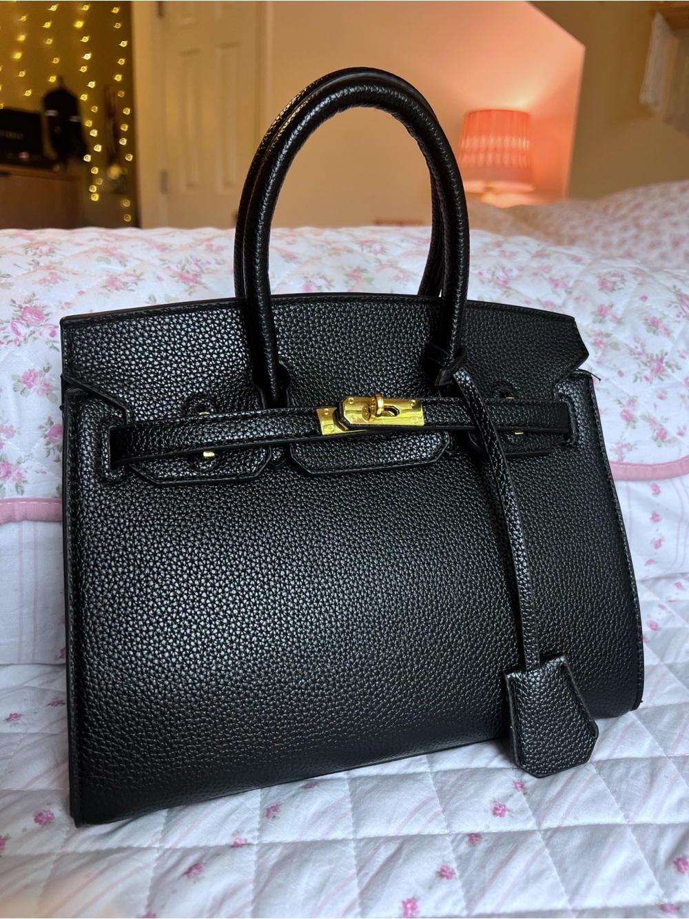 Black Vegan Leather Mini Satchel Handbag Structured Purse Gold Hardware
